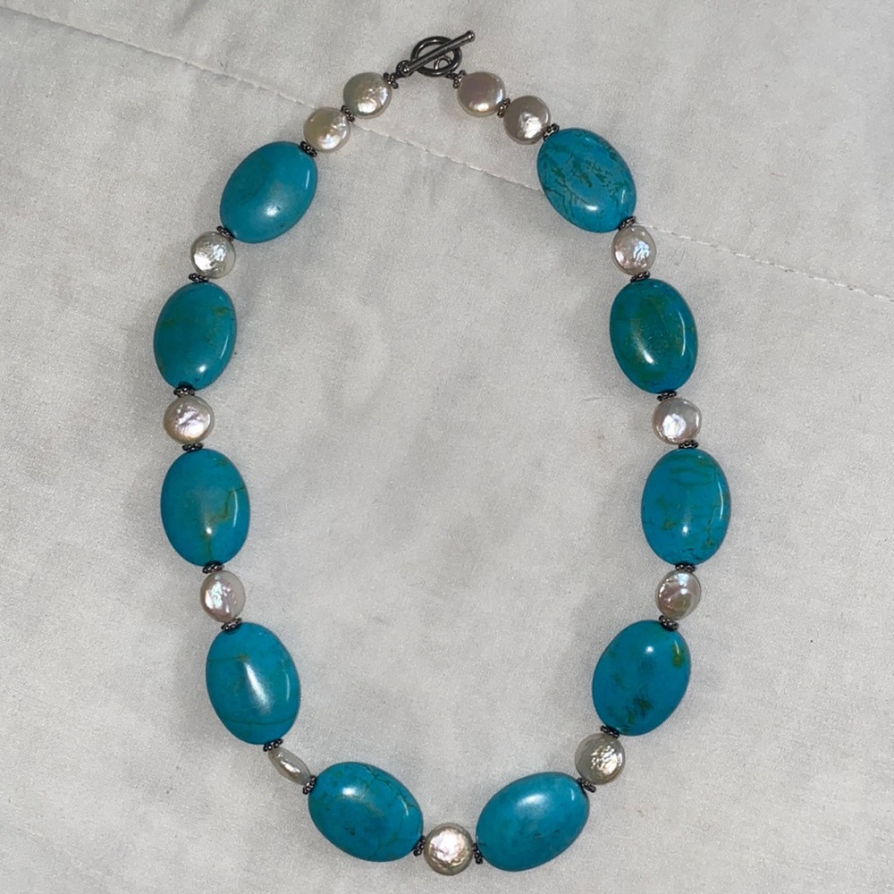 Blue stone necklace with fresh water pearls